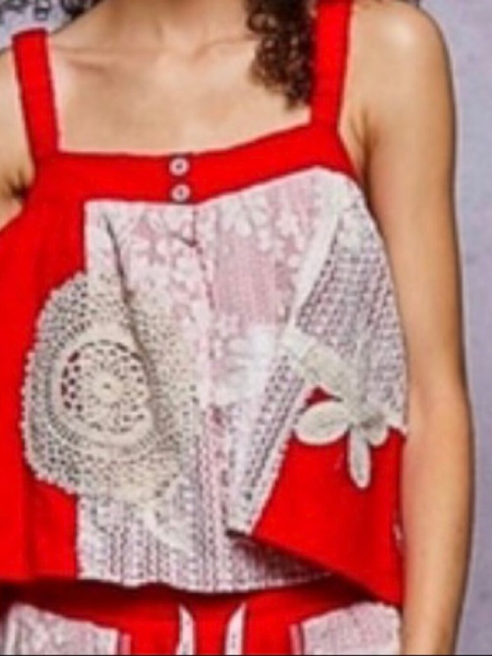 POL Red Crochet Patchwork Tank Top Boho Doily Applique M NWOT